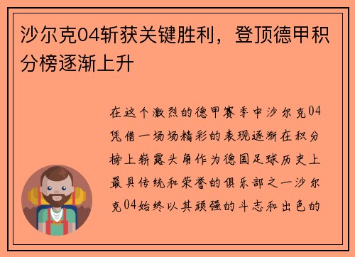 沙尔克04斩获关键胜利，登顶德甲积分榜逐渐上升